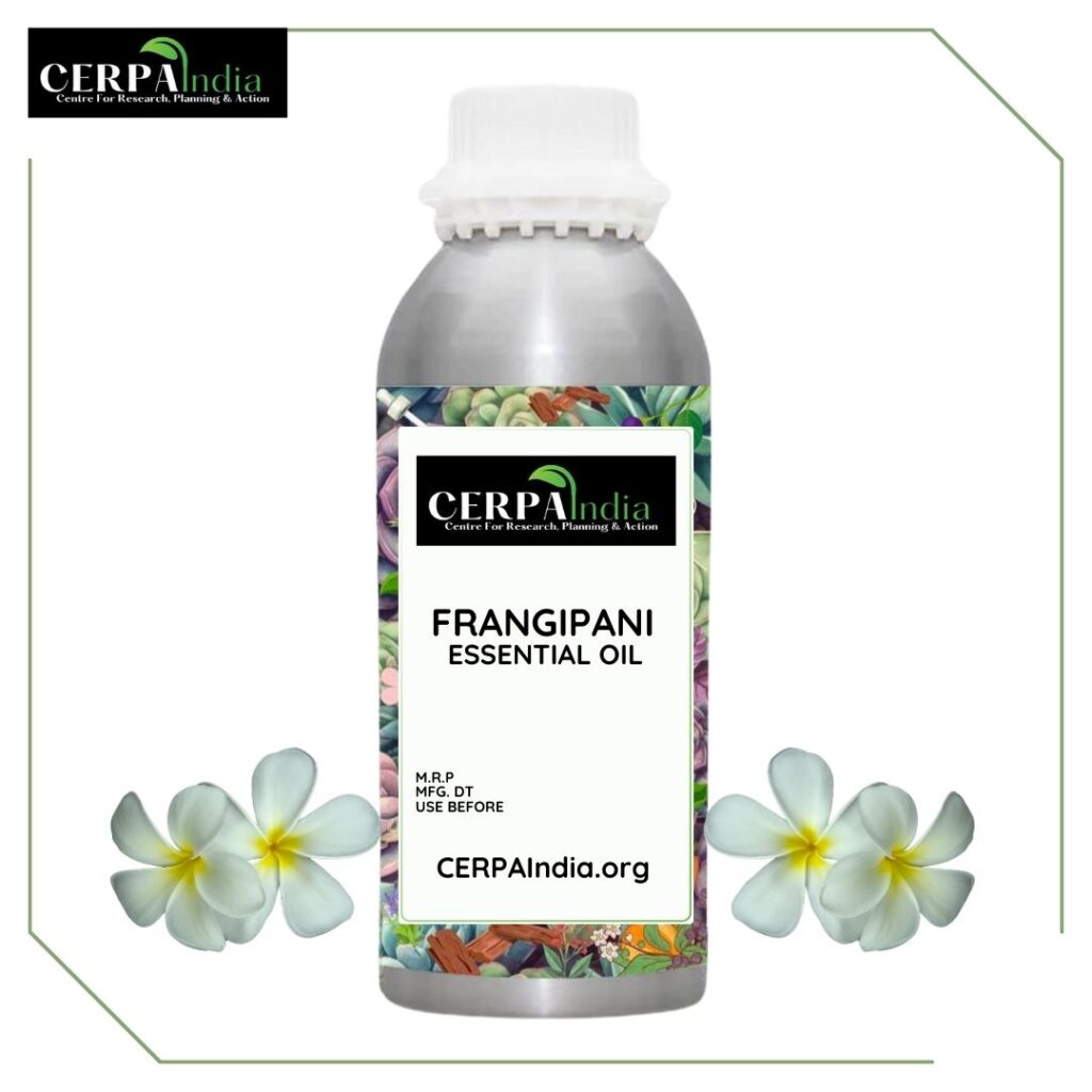 Bottle of Frangipani Essential Oil with Fresh Frangipani Flowers