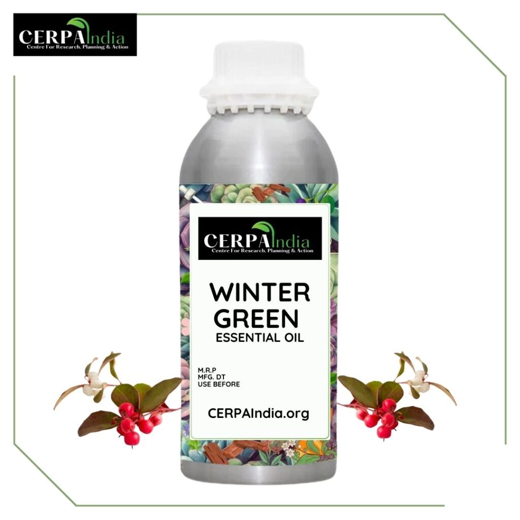 Bottle of Wintergreen Essential Oil with Fresh Wintergreen Leaves