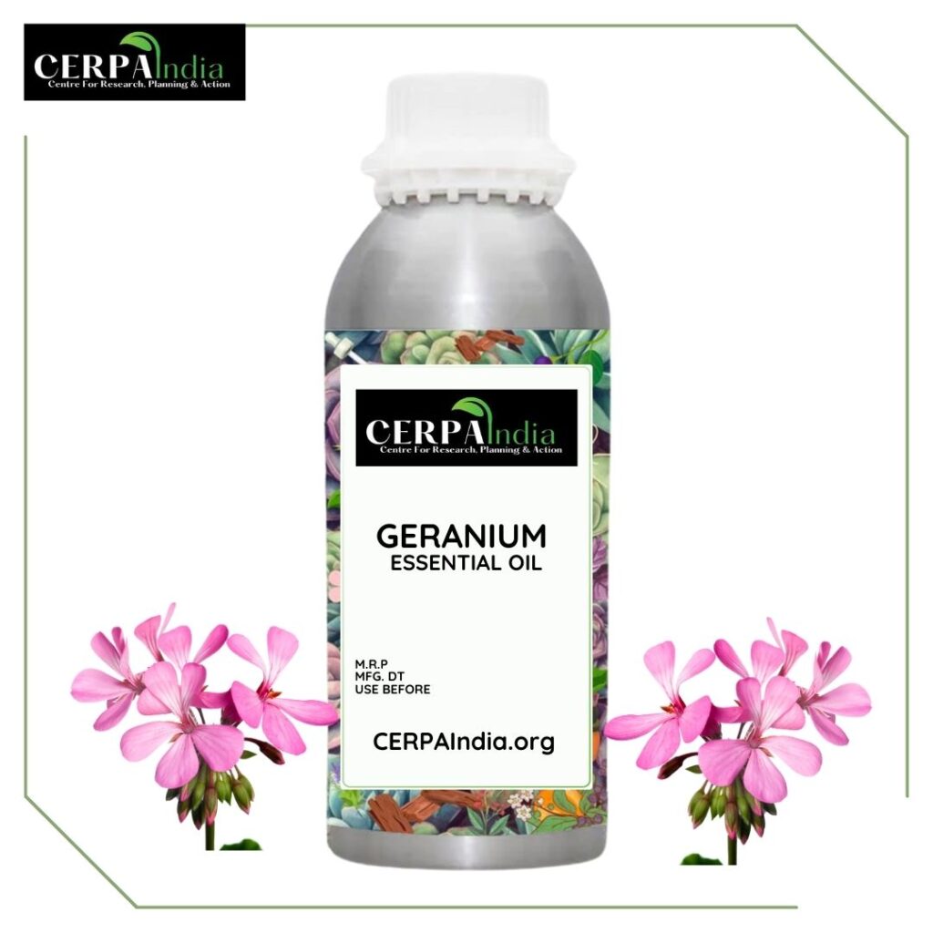 Bottle of Geranium Essential Oil with Fresh Geranium Flowers